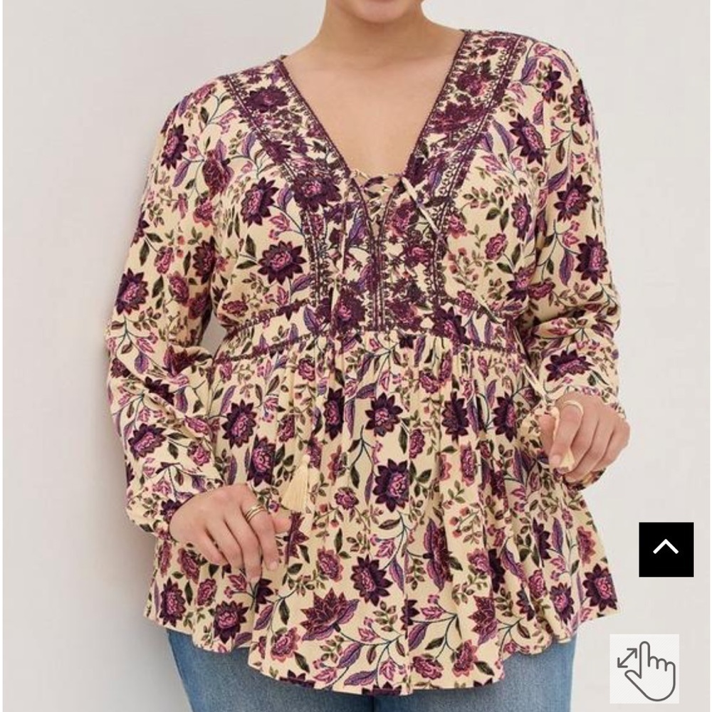 Torrid Babydoll Rayon Crepe Embroidered Floral Lace Up Blouse Size 2X
